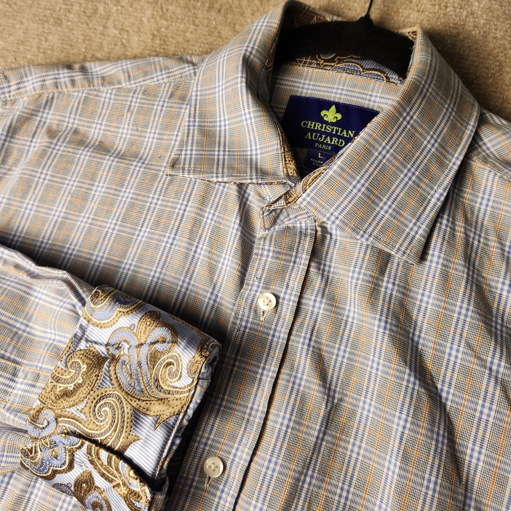 Christian Aujard Button Down Shirt Mens L Blue Orange Plaid Paisley Cuffs